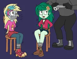 Size: 1885x1451 | Tagged: safe, artist:bugssonicx, derpibooru import, derpy hooves, wallflower blush, equestria girls, g4, bondage, chair, gag, hostage, image, kidnapped, png, tape, tape bondage, tape gag, tied to chair