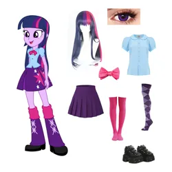 Size: 1280x1280 | Tagged: safe, derpibooru import, twilight sparkle, human, equestria girls, g4, argyle, bangs, boots, bow, bowtie, button-up shirt, buttons, clothes, collar, eye, female, hair, happy, image, irl, irl human, long hair, long socks, multicolored hair, outfit, photo, platform boots, platform shoes, png, puffy sleeves, purple eyes, shirt, shoes, short sleeves, simple background, skirt, smiling, solo, standing, straight hair, vector, white background, wig