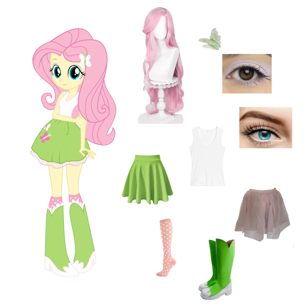 Size: 1280x1280 | Tagged: safe, derpibooru import, fluttershy, butterfly, human, insect, equestria girls, g4, accessory, boots, brown eyes, clothes, eye, eyebrows, eyeshadow, female, hair, hairclip, hand on arm, high heel boots, image, irl, irl human, knee-high boots, long socks, looking at you, makeup, outfit, photo, pink hair, png, polka dot socks, polka dots, shirt, shoes, simple background, skirt, socks, solo, standing, tanktop, teal eyes, vector, white background, wig