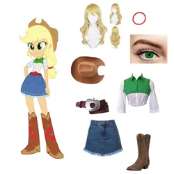 Size: 1280x1280 | Tagged: safe, derpibooru import, applejack, human, equestria girls, g4, accessory, apple, belt, blonde hair, boots, button-up shirt, buttons, clothes, collar, cowboy boots, cowboy hat, denim, eye, eyebrows, female, food, green eyes, hair, hair tie, hand on hip, hat, image, irl, irl human, knee-high boots, long hair, outfit, photo, png, pockets, shirt, shoes, short sleeves, simple background, skirt, solo, standing, vector, white background, wig