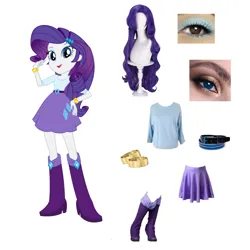 Size: 1280x1280 | Tagged: safe, derpibooru import, rarity, human, equestria girls, g4, accessory, belt, blue eyes, boots, bracelet, brown eyes, clothes, eye, eyebrows, eyeshadow, female, hair, hand on hip, happy, high heel boots, image, irl, irl human, jewelry, knee-high boots, long hair, looking at you, makeup, outfit, photo, png, purple hair, raised arm, shirt, shoes, simple background, skirt, smiling, solo, standing, sweater, vector, wavy hair, white background, wig