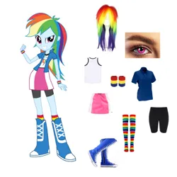 Size: 1280x1280 | Tagged: safe, derpibooru import, rainbow dash, human, equestria girls, g4, accessory, boots, clothes, converse, cycling shorts, eye, eyebrows, female, fist, hair, happy, image, irl, irl human, jacket, knee-high boots, long hair, long socks, multicolored hair, outfit, photo, pink eyes, png, rainbow hair, raised arm, shirt, shoes, short sleeves, shorts, simple background, skirt, smiling, socks, solo, standing, straight hair, tanktop, teeth, vector, white background, wig, wristband, zipper