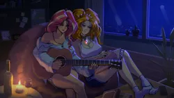 Size: 2134x1201 | Tagged: safe, artist:guyser3, derpibooru import, adagio dazzle, sunset shimmer, equestria girls, g4, alcohol, bare shoulders, book, breasts, button-up shirt, candle, choker, city, cityscape, cleavage, clothes, couch, crossed legs, duo, duo female, ear piercing, earring, female, glass, guitar, image, jewelry, jpeg, lesbian, musical instrument, necklace, night, phone, piercing, playing instrument, reading, ship:sunsagio, shipping, shirt, shorts, sitting, smiling, socks, spiked headband, sunsagio, tanktop, window, wine, wine glass
