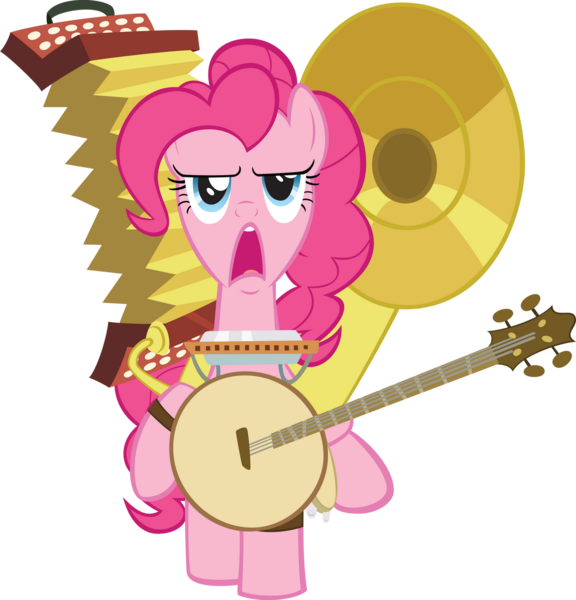 Size: 1600x1666 | Tagged: safe, artist:brycehebert, derpibooru import, pinkie pie, earth pony, pony, g4, accordion, banjo, female, harmonica, image, mare, musical instrument, one pony band, one-pony band, png, simple background, sousaphone, transparent background, vector