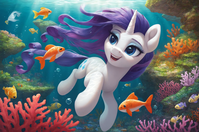 Size: 2304x1536 | Tagged: safe, ai content, derpibooru import, machine learning generated, prompter:foxpony, stable diffusion, rarity, fish, pony, unicorn, g4, blue eyes, blue mane, blue tail, bubble, clownfish, coral, crepuscular rays, curly mane, curly tail, eyelashes, eyeshadow, female, fins, fish tail, flowing mane, flowing tail, generator:pony diffusion v6 xl, happy, high res, horn, image, lidded eyes, looking at something, makeup, mare, ocean, open mouth, open smile, png, reef, scales, scenery, scenery porn, seaweed, smiling, solo, sunlight, swimming, tail, teeth, the quality of ai art is frightening, underwater, water, wind, windswept mane