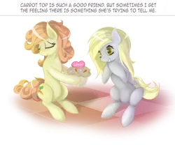 Size: 930x773 | Tagged: safe, artist:v-invidia, derpibooru import, carrot top, derpy hooves, golden harvest, earth pony, pegasus, pony, g4, bipedal, blushing, female, females only, food, heart, image, lesbian, muffin, png, simple background, transparent background