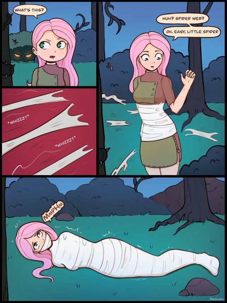 Size: 1620x2160 | Tagged: safe, artist:xeninara, derpibooru import, fluttershy, human, g4, bondage, bound, bound and gagged, captured, caught, cocoon, comic, damsel in distress, dialogue, dialogue box, digital art, encasement, female, fetish, gag, helpless, humanized, image, muffled words, mummification, mummified, peril, png, restrained, solo, solo female, spider web, tied, tied up, web gag, wrapped up