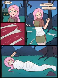 Size: 1620x2160 | Tagged: safe, artist:xeninara, derpibooru import, fluttershy, human, g4, bondage, bound, bound and gagged, captured, caught, cocoon, comic, damsel in distress, dialogue, dialogue box, digital art, encasement, female, fetish, gag, helpless, humanized, image, muffled words, mummification, mummified, peril, png, restrained, solo, solo female, spider web, tied, tied up, web gag, wrapped up