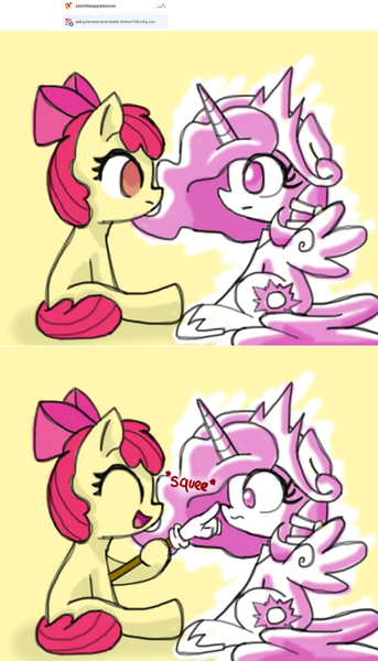 Size: 1280x2240 | Tagged: safe, artist:arielsbx, derpibooru import, apple bloom, princess celestia, pony, ask little applebloom, ask princess moe-lestia, boop, cewestia, female, filly, image, png, younger