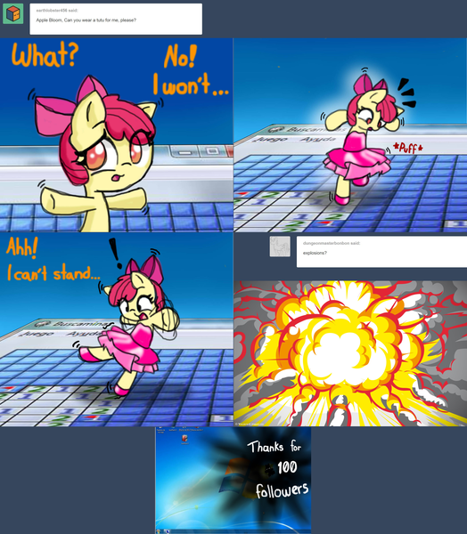 Size: 2562x2936 | Tagged: safe, artist:arielsbx, derpibooru import, apple bloom, pony, ask little applebloom, clothes, explosion, image, milestone, minesweeper, png, solo, tutu