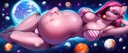 Size: 3072x1280 | Tagged: suggestive, ai content, derpibooru import, machine learning generated, stable diffusion, pinkie pie, anthro, g4, abdominal bulge, belly, big belly, big breasts, bigger than a planet, bloated, breasts, busty pinkie pie, clothes, curvy, female, generator:pony diffusion v6 xl, giantess, giga, goddess, image, macro, pinkamena diane pie, pinkie pred, planet, playful, png, solo, solo female, space, stars, striped bikini, striped bra, striped underwear, underwear, vore, xk-class end-of-the-universe scenario, xk-class end-of-the-world scenario