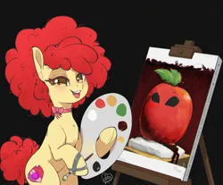 Size: 1200x995 | Tagged: safe, artist:inkypuso, derpibooru import, apple bloom, earth pony, pony, g4, afro, alternate hairstyle, apple, bipedal, bob ross, female, food, hoof hold, image, jpeg, looking at you, mare, older, older apple bloom, open mouth, open smile, paint palette, paintbrush, painting, ribbon, smiling, smiling at you, solo, tape