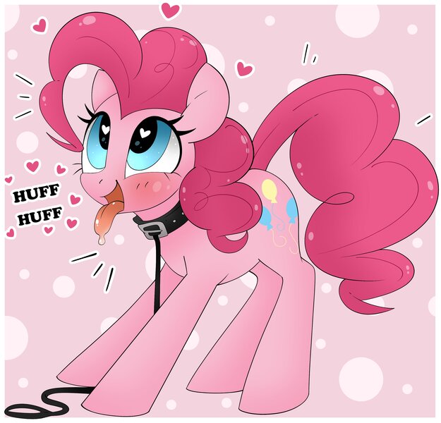 Size: 2985x2864 | Tagged: safe, artist:pegamutt, pinkie pie, pony, blushing, female, image, jpeg, leash, mare, onomatopoeia, tongue out