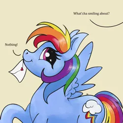 Size: 2000x2000 | Tagged: safe, artist:rapt, derpibooru import, rainbow dash, avoiding eye contact, beige background, dialogue, digital painting, image, letter, love letter, mouth hold, png, simple background, solo, walking