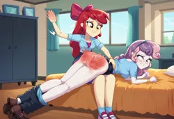 Size: 1600x1095 | Tagged: suggestive, ai content, machine learning generated, prompter:desconhecido2000, apple bloom, sweetie belle, human, equestria girls, ass, bed, bedroom, butt, image, jpeg, over the knee, spank mark, spanked, spanking, sweetie butt