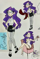 Size: 2255x3280 | Tagged: safe, artist:citi, derpibooru import, opalescence, rarity, human, alcohol, chair, clothes, glass, high heels, humanized, image, jpeg, negligee, pantyhose, pencil skirt, shoes, skirt, traditional art, wine, wine glass