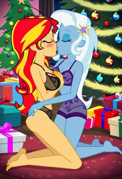 Size: 832x1216 | Tagged: suggestive, ai content, machine learning generated, prompter:tiamatnightmare, sunset shimmer, trixie, human, equestria girls, christmas, christmas tree, clothes, female, holiday, humanized, image, in love, jewelry, jpeg, kissing, lesbian, lingerie, ring, shipping, suntrix, tree, wedding ring