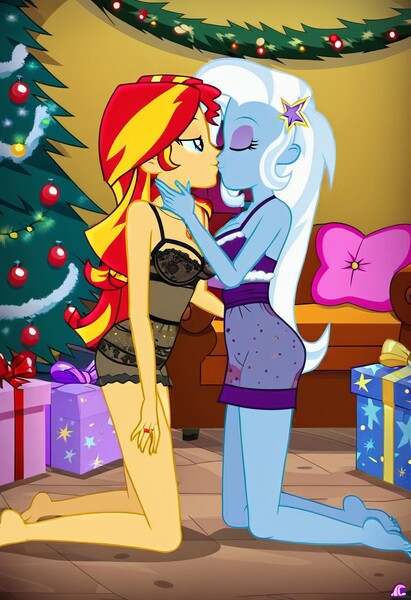 Size: 832x1216 | Tagged: suggestive, ai content, machine learning generated, prompter:tiamatnightmare, sunset shimmer, trixie, human, equestria girls, christmas, christmas tree, clothes, female, holiday, humanized, image, in love, jewelry, jpeg, kissing, lesbian, lingerie, ring, shipping, suntrix, tree, wedding ring