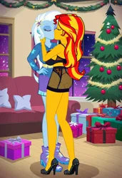 Size: 832x1216 | Tagged: suggestive, ai content, machine learning generated, prompter:tiamatnightmare, sunset shimmer, trixie, human, equestria girls, christmas, christmas tree, clothes, female, high heels, holiday, humanized, image, in love, jewelry, jpeg, kissing, lesbian, lingerie, ring, shipping, shoes, suntrix, tree, wedding ring