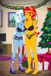 Size: 832x1216 | Tagged: suggestive, ai content, machine learning generated, prompter:tiamatnightmare, sunset shimmer, trixie, human, equestria girls, christmas, christmas tree, clothes, female, holiday, humanized, image, jewelry, jpeg, kissing, lesbian, lingerie, ring, shipping, suntrix, tree, wedding ring