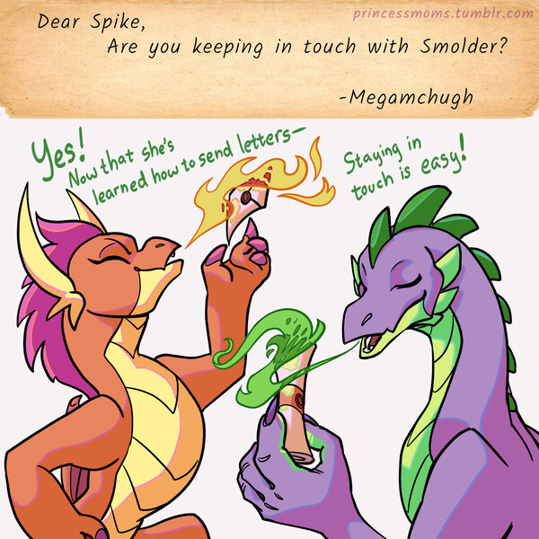 Size: 2166x2166 | Tagged: safe, artist:overlordneon, derpibooru import, smolder, spike, dragon, ask, concave belly, dialogue, dragon mail, dragoness, dragonfire, duo, duo male and female, eyes closed, female, fire, fire breath, image, jpeg, letter, male, older, older smolder, older spike, scroll, simple background, tumblr, white background