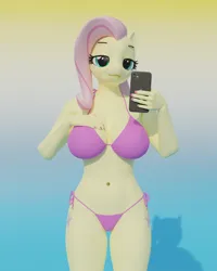 Size: 2160x2700 | Tagged: suggestive, artist:sunshinemane42, derpibooru import, fluttershy, anthro, 3d, bikini, bikini top, blender, blender cycles, clothes, hand on breasts, image, looking at you, mobile phone, phone, pink biki, png, selfie, side-tie bikini, smiling, smiling at you, solo, swimsuit