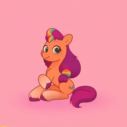 Size: 2480x2480 | Tagged: safe, artist:starburstuwu, derpibooru import, sunny starscout, earth pony, pony, g5, blushing, cute, female, floating heart, heart, high res, image, jpeg, looking at you, mane stripe sunny, mare, pink background, simple background, sitting, smiling, smiling at you, solo, sunnybetes