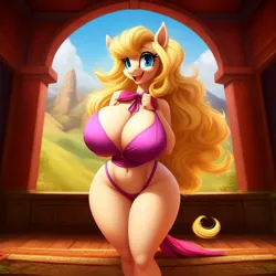 Size: 640x640 | Tagged: suggestive, ai content, anonymous prompter, derpibooru import, machine learning generated, apple cobbler, anthro, earth pony, pony, apple family member, belly, belly button, big breasts, blue sky, breasts, busty apple cobbler, collar, curvy, day, female, foe.ai, generator:frosting.ai, image, indoors, jpeg, looking at you, mare, mountain, mountain range, purple bikini, smiling, smiling at you, solo, solo female, sunlight