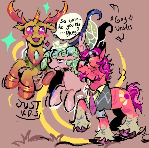 Size: 1080x1073 | Tagged: safe, artist:justvoidsdumbstuff1, derpibooru import, cozy glow, sunburst, thorax, changedling, changeling, pegasus, pony, unicorn, g4, :3, a better ending for cozy, abstract background, alternate clothes, alternate design, antlers, babysitting, beard, blaze (coat marking), blue mane, bluey, blush scribble, blush sticker, blushing, bow, clothes, coat markings, colored hooves, colored horns, cozy glow is not amused, cozy glow's bow, curly mane, curly tail, dialogue, facial hair, facial markings, female, filly, floppy ears, flying, foal, freckles, frown, gay, glasses, grass, green body, hair bow, heart, heart eyes, hooves, horn, horn ring, horns, image, jewelry, jpeg, looking at someone, male, married couple, multicolored eyes, multicolored sclera, narrowed eyes, necktie, no catchlights, open mouth, open smile, orange coat, outdoors, profile, purple hooves, purple mane, purple tail, raised hoof, raised leg, ring, shiny hooves, shipping, short mane, short tail, signature, smiling, smiling at someone, socks (coat marking), sparkles, speech bubble, spread wings, stallion, standing, standing on two hooves, sunglasses, sweater vest, swirly background, tail, talking, text, thoraxburst, trio, unamused, unshorn fetlocks, wall of tags, wedding ring, wingding eyes, wings