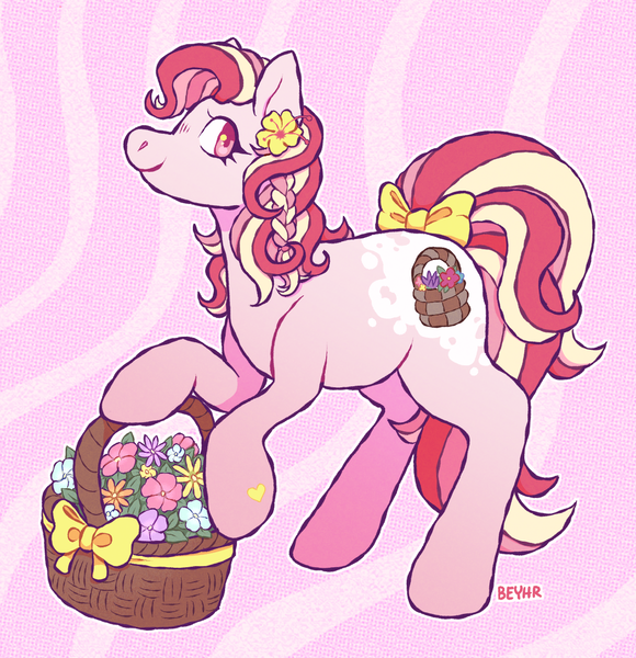 Size: 1128x1167 | Tagged: safe, artist:beyhr, derpibooru import, oc, oc:sweetflower, unofficial characters only, earth pony, pony, abstract background, artfight, basket, bouquet, bow, braid, coat markings, earth pony oc, eyelashes, female, flower, flower basket, flower on ear, gift art, heart, heart mark, hibiscus, image, long mane, long tail, looking back, mare, mare oc, multicolored mane, multicolored tail, outline, pink coat, pink eyes, pink mane, pink tail, png, ponysona, profile, raised hoof, raised hooves, rearing, signature, smiling, solo, tail, tail bow, three toned mane, tied mane, tri-color mane, tri-color tail, tri-colored mane, tri-colored tail, tricolor mane, tricolor tail, tricolored mane, tricolored tail, two toned background, wavy mane, wavy tail, yellow bow