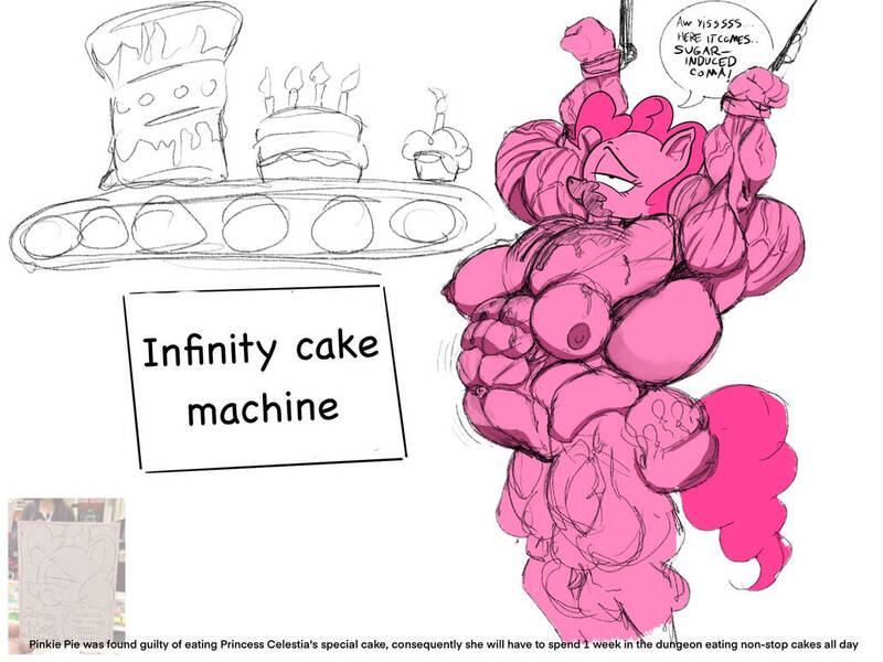 Size: 1032x774 | Tagged: questionable, derpibooru import, pinkie pie, anthro, earth pony, bondage, cake, conveyor belt, cupcake, feederism, female, food, force feeding, image, jpeg, musclegut, muscles, ropes, solo