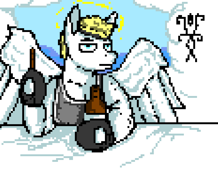 Size: 696x542 | Tagged: safe, artist:damset, derpibooru import, oc, ponified, unofficial characters only, pegasus, pony, alcohol, beer, billy herrington, cigar, clothes, cloud, digital art, gachimuchi, gift art, gloves, halo, happy birthday, heaven, image, leather, leather gloves, ms paint, pixel art, png