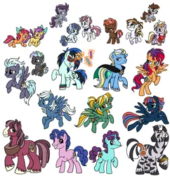 Size: 1383x1430 | Tagged: safe, artist:whitefangkakashi300, derpibooru import, oc, oc:anonsi, oc:arpeggio, oc:castaway, oc:confetti popper, oc:cosmic chaser, oc:fire storm, oc:florentine, oc:genoise, oc:hocus pocus, oc:joy stick, oc:kaboom, oc:lucky shoes, oc:melody key, oc:merryweather, oc:misfit muffin, oc:morning glory, oc:pinata, oc:ricochet, oc:techno remix, oc:time warp, oc:winky doo, unofficial characters only, earth pony, pegasus, pony, unicorn, zebra, g4, bow, cape, clothes, coat markings, colt, female, filly, flying, foal, freckles, frown, glasses, glow, glowing horn, glowstick, grin, hair bow, horn, horse collar, image, jpeg, levitation, lidded eyes, magic, male, mare, next generation, offspring, open mouth, open smile, parent:apple bloom, parent:babs seed, parent:big shot, parent:button mash, parent:cheerilee, parent:cloudchaser, parent:dinky hooves, parent:double diamond, parent:flash sentry, parent:lightning dust, parent:moon dancer, parent:neon lights, parent:night glider, parent:party favor, parent:pipsqueak, parent:prince blueblood, parent:rumble, parent:scootaloo, parent:shady daze, parent:star hunter, parent:sugar belle, parent:sunset shimmer, parent:sweetie belle, parent:tender taps, parent:thunderlane, parent:trixie, parent:trouble shoes, parent:vinyl scratch, parent:zecora, parents:bluetrix, parents:buttonseed, parents:dinkysqueak, parents:flashimmer, parents:lightningshot, parents:moonhunter, parents:nightdiamond, parents:partybelle, parents:rumbloo, parents:shadybelle, parents:tenderbloom, parents:thunderchaser, parents:troublee, parents:vinylights, pinto, rearing, scarf, shutter shades, siblings, simple background, sisters, smiling, spread wings, stallion, sunglasses, telekinesis, tongue out, unshorn fetlocks, white background, wings, zebra oc