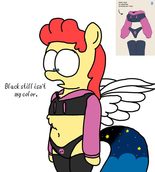 Size: 3023x3351 | Tagged: safe, artist:professorventurer, derpibooru import, oc, oc:power star, art challenge, clothes, hoodie, image, panties, png, rule 85, skull print underwear, super mario 64, super mario bros., thigh socks, underwear