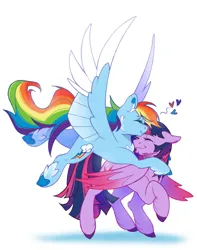 Size: 1080x1370 | Tagged: safe, artist:cerulean-crow, derpibooru import, rainbow dash, twilight sparkle, twilight sparkle (alicorn), alicorn, pegasus, pony, g4, alternate design, colored wings, colored wingtips, duo, duo female, eyes closed, female, floating heart, floppy ears, flying, heart, hoof fluff, hug, image, lesbian, mare, png, shipping, simple background, smiling, spread wings, twidash, underhoof, white background, wings