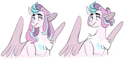 Size: 2912x1440 | Tagged: safe, artist:baylard, derpibooru import, princess flurry heart, alicorn, pony, g4, alternate design, alternate hairstyle, bust, chest fluff, curved horn, female, horn, image, looking away, mare, older, older flurry heart, png, simple background, solo, twitterina design, white background