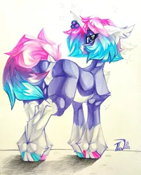 Size: 823x1024 | Tagged: safe, artist:tlen borowski, derpibooru import, oc, oc:astral blues, unofficial characters only, pony, unicorn, blue eyes, butt, clothes, ear fluff, gradient mane, hoof fluff, hooves, horn, image, jpeg, looking at you, looking back, tail, traditional art