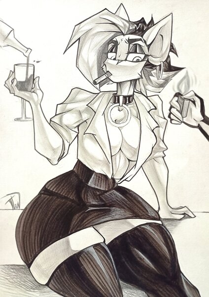 Size: 1446x2048 | Tagged: suggestive, artist:tlen borowski, derpibooru import, oc, oc:tlen borowski, unofficial characters only, anthro, pony, absolute cleavage, alcohol, big breasts, black and white, black skirt, blouse, breasts, cigarette, cleavage, clothes, collar, ear fluff, ear piercing, female, glass, grayscale, hips, image, jpeg, lighter, miniskirt, monochrome, offscreen character, piercing, shirt, sitting, skirt, smoking, socks, solo, solo female, stockings, tail, thigh highs, traditional art, unbuttoned, wide hips, wine, wine glass, zettai ryouiki