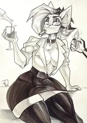 Size: 1446x2048 | Tagged: suggestive, artist:tlen borowski, derpibooru import, oc, oc:tlen borowski, unofficial characters only, anthro, pony, absolute cleavage, alcohol, big breasts, black and white, black skirt, blouse, breasts, cigarette, cleavage, clothes, collar, ear fluff, ear piercing, female, glass, grayscale, hips, image, jpeg, lighter, monochrome, offscreen character, piercing, shirt, sitting, skirt, smoking, socks, solo, solo female, stockings, tail, thigh highs, traditional art, unbuttoned, wide hips, wine, wine glass, zettai ryouiki