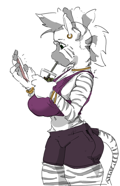 Size: 524x812 | Tagged: safe, artist:gromdrawing, derpibooru import, zecora, anthro, pony, zebra, g4, belly, belly button, breasts, busty zecora, clothes, drink, drinking, ear piercing, earring, female, image, jewelry, mare, midriff, mobile phone, phone, piercing, png, simple background, skirt, smartphone, solo, sports bra, white background