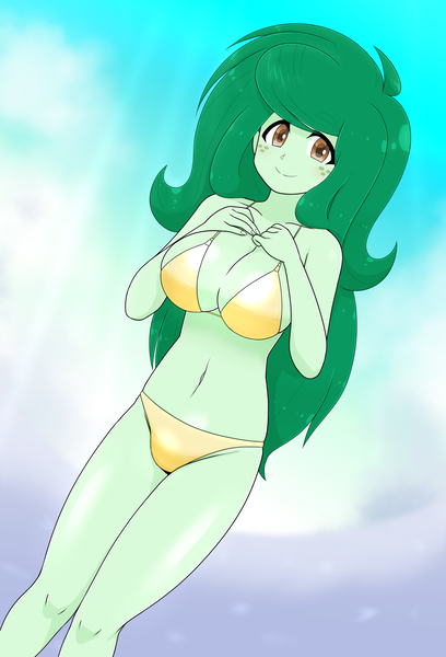 Size: 1812x2665 | Tagged: suggestive, artist:batipin, derpibooru import, wallflower blush, human, equestria girls, g4, belly, belly button, big breasts, bikini, breasts, busty wallflower blush, clothes, freckles, image, png, swimsuit, yellow swimsuit