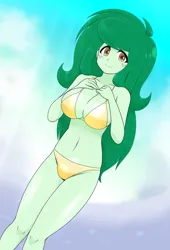 Size: 1812x2665 | Tagged: suggestive, artist:batipin, derpibooru import, wallflower blush, human, equestria girls, g4, belly, belly button, big breasts, bikini, breasts, busty wallflower blush, clothes, freckles, image, png, swimsuit, yellow swimsuit