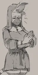 Size: 366x712 | Tagged: safe, artist:gromdrawing, derpibooru import, zecora, anthro, pony, zebra, g4, big breasts, breasts, busty zecora, clothes, emanata, eyes closed, female, gray background, hands together, huge breasts, image, mare, nun, png, praying, short shirt, simple background, solo