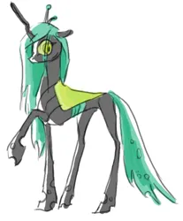 Size: 1449x1752 | Tagged: safe, artist:mayugraffiti, derpibooru import, queen chrysalis, changeling, changeling queen, pony, caught, colored sketch, concave belly, crown, female, horn, image, jewelry, jpeg, long horn, looking back, mare, raised hoof, regalia, simple background, sketch, skinny, solo, standing, thin, white background