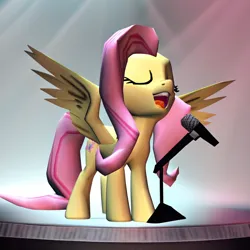 Size: 1024x1024 | Tagged: safe, ai content, derpibooru import, machine learning generated, prompter:foxpony, stable diffusion, fluttershy, pegasus, pony, g4, backlighting, eyes closed, generator:pony diffusion v6 xl, image, low poly, microphone, microphone stand, open mouth, png, simple background, singing, solo, spotlight, spread wings, stage, wings