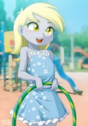 Size: 1362x1944 | Tagged: safe, artist:uotapo, derpibooru import, derpy hooves, human, equestria girls, g4, blush lines, blushing, clothes, cute, derpabetes, dress, image, loop-de-hoop, open mouth, open smile, playground, png, polka dots, slide, smiling, solo, weapons-grade cute, younger