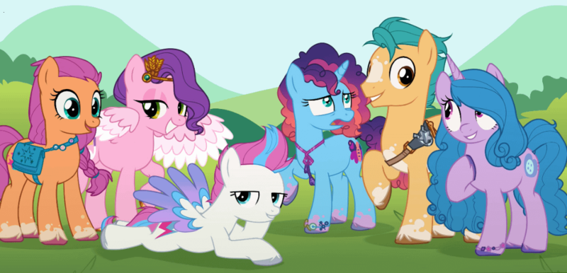 Size: 1080x521 | Tagged: safe, artist:frankly_hopeless, derpibooru import, hitch trailblazer, izzy moonbow, pipp petals, sunny starscout, zipp storm, earth pony, pegasus, pony, unicorn, g4, g5, applejack (g5), bag, blaze (coat marking), bracelet, coat markings, colored wings, crown, facial markings, female, fluttershy (g5), friendship bracelet, g5 to g4, generation leap, gradient mane, hoof on chest, horn, image, jewelry, lidded eyes, male, mane five, mane six (g5), misty brightdawn, multicolored wings, necklace, open mouth, open smile, pinkie pie (g5), png, rainbow dash (g5), rarity (g5), rebirth misty, regalia, saddle bag, smiling, socks (coat marking), twilight sparkle (g5), wings