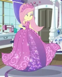 Size: 681x847 | Tagged: safe, derpibooru import, screencap, fluttershy, human, costume conundrum, equestria girls, equestria girls series, g4, spoiler:eqg series (season 2), beautiful, bed, bedroom, clothes, costume conundrum: rarity, cropped, door, dress, eyes closed, gown, image, jewelry, jpeg, my little pony equestria girls: choose your own ending, princess fluttershy, rug, sewing machine, solo, tiara, twirl, window