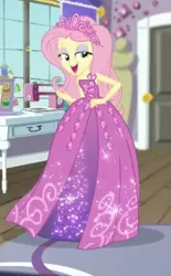 Size: 535x865 | Tagged: safe, derpibooru import, screencap, fluttershy, human, costume conundrum, equestria girls, equestria girls series, g4, spoiler:eqg series (season 2), beautiful, bed, clothes, costume conundrum: rarity, cropped, door, dress, gown, image, jewelry, jpeg, lidded eyes, my little pony equestria girls: choose your own ending, princess fluttershy, rug, sewing machine, solo, tiara, twirl, window