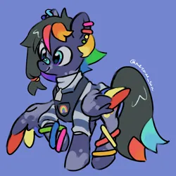 Size: 4096x4096 | Tagged: safe, artist:metaruscarlet, derpibooru import, oc, oc:pride heart, unofficial characters only, pegasus, pony, anklet, bandaid, bandaid on nose, blue background, clothes, ear piercing, earring, image, jewelry, necklace, pegasus oc, piercing, png, rainbow, raised hoof, simple background, solo, vitiligo, wings